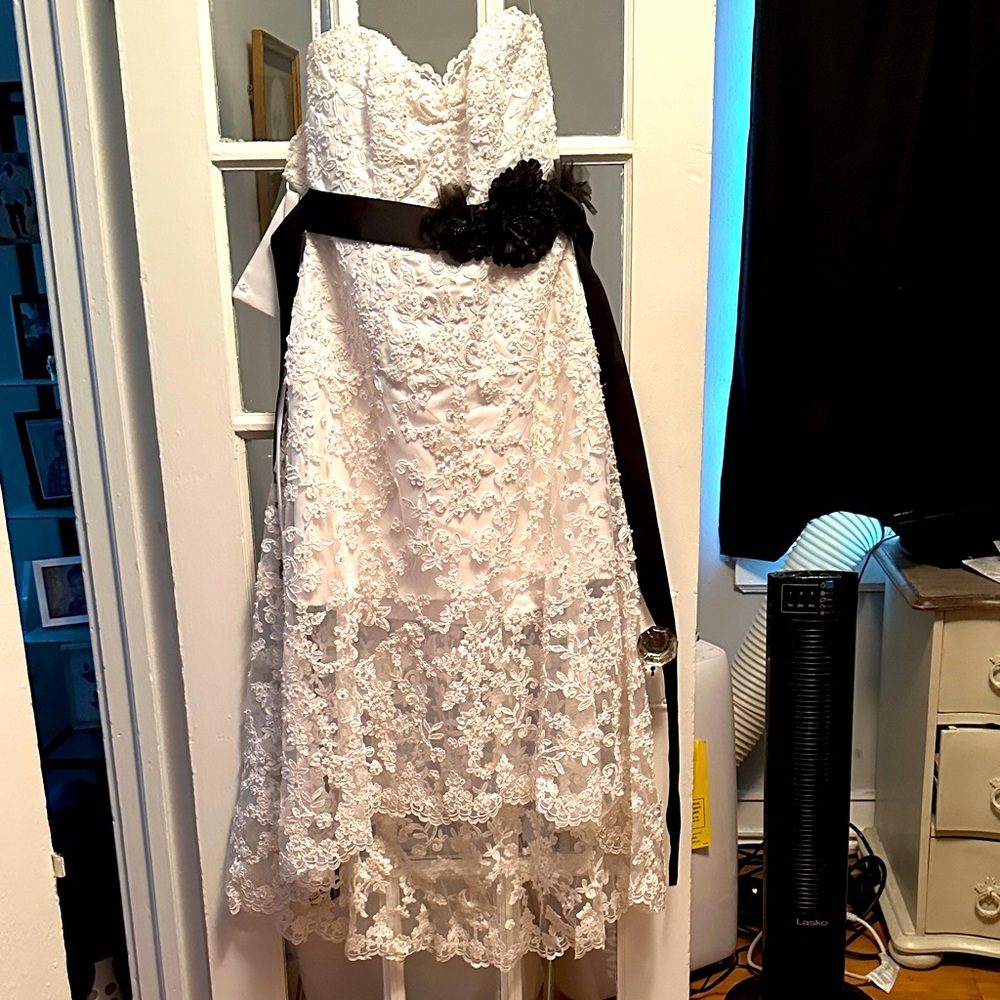 Elegant Lace Strapless Dress with Black Sash